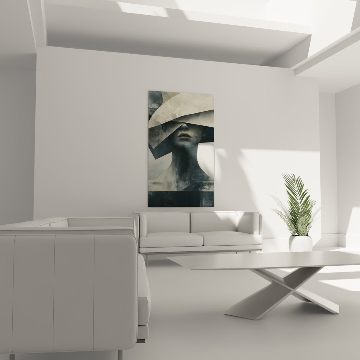 Silhouette Statue aux teintes bleu ardoise et blanc cassé au-dessus d'un canapé dans un salon lumineux