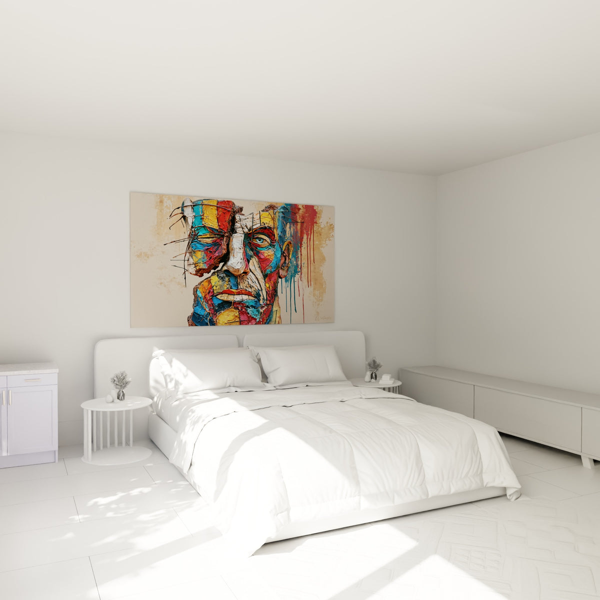 Portrait fragmenté bleu et terracotta, œil perçant, au-dessus d'un lit dans une chambre claire