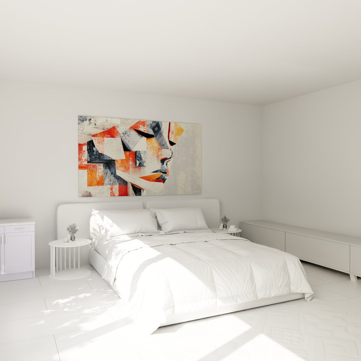 Profil géométrique orange et gris texturé accroché au-dessus d'un lit dans une chambre claire