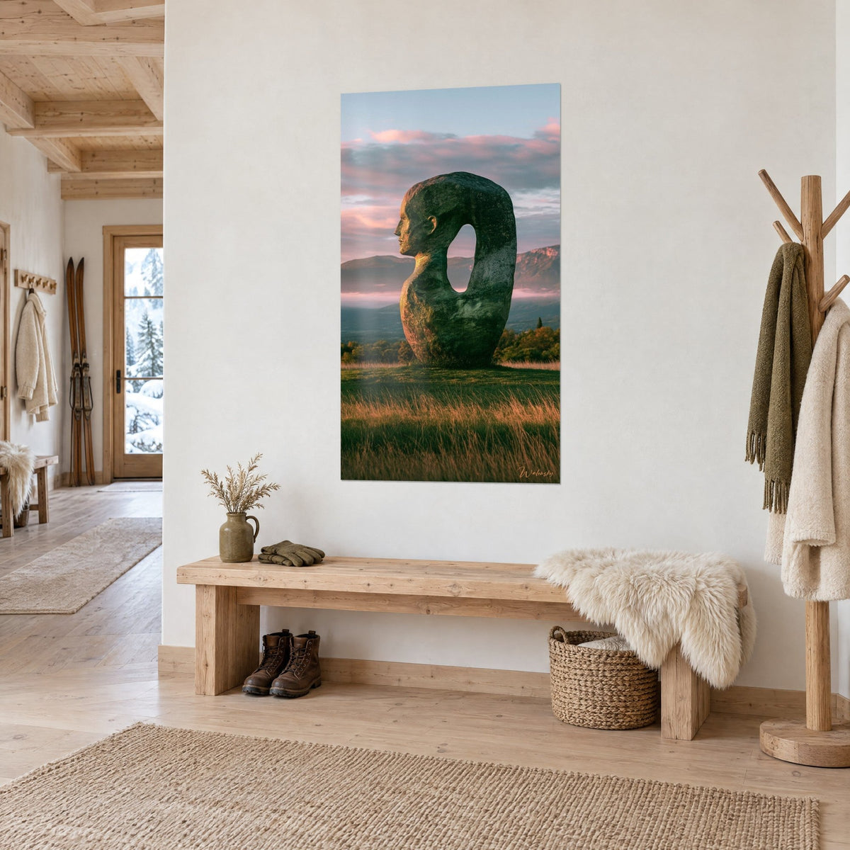 Tableau sculpture ajourée vert mousse et rose poudré, montagnes bleutées et herbe dorée, près d'un banc en bois d'un chalet
