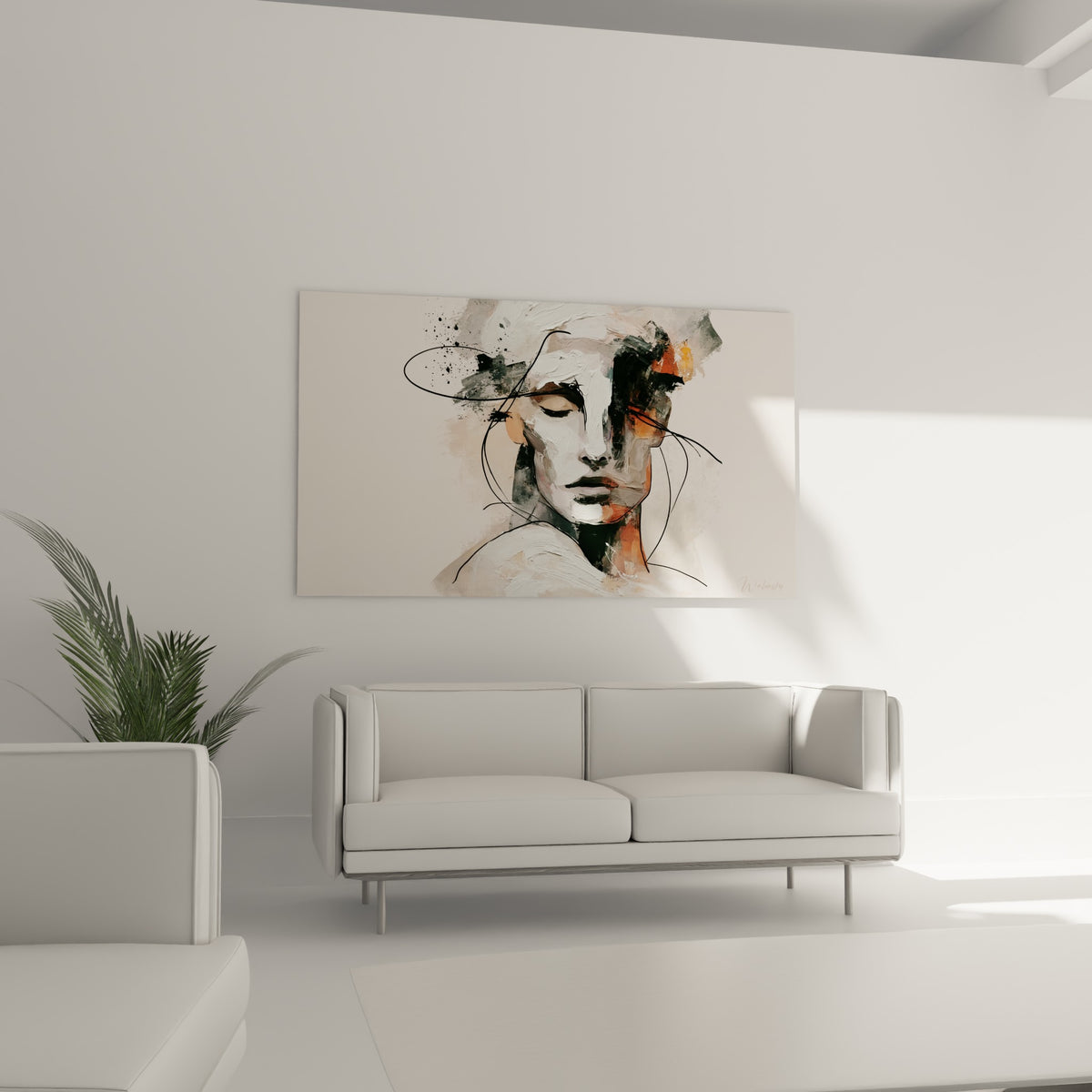 Femme de profil en touches blanches et terracotta suspendue au-dessus d'un canapé dans un salon lumineux