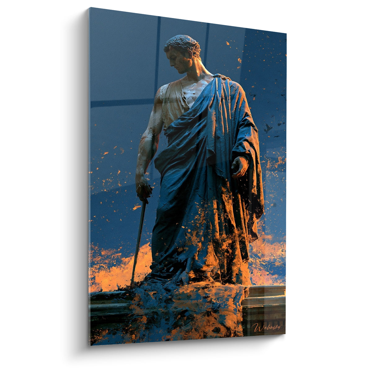 Statue romaine drapée en bleu marine et orange, silhouette figée dans une explosion de matière colorée