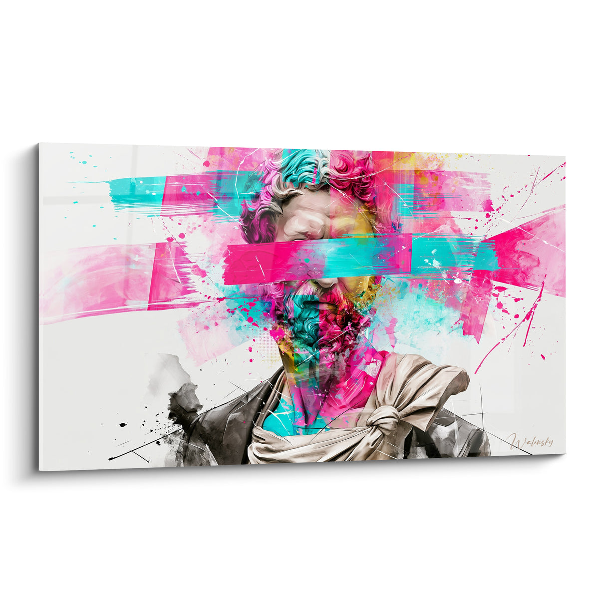 Statue romaine au visage traversé de bandes rose fuchsia et turquoise vibrantes