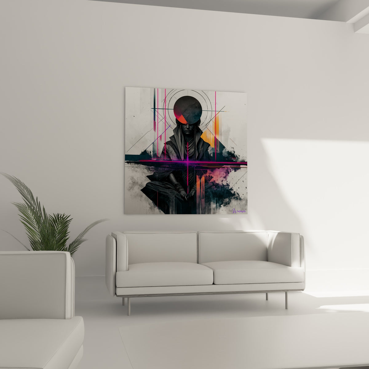 Figure sacrée noire et rose vif, positionnée au-dessus d'un canapé dans un salon lumineux