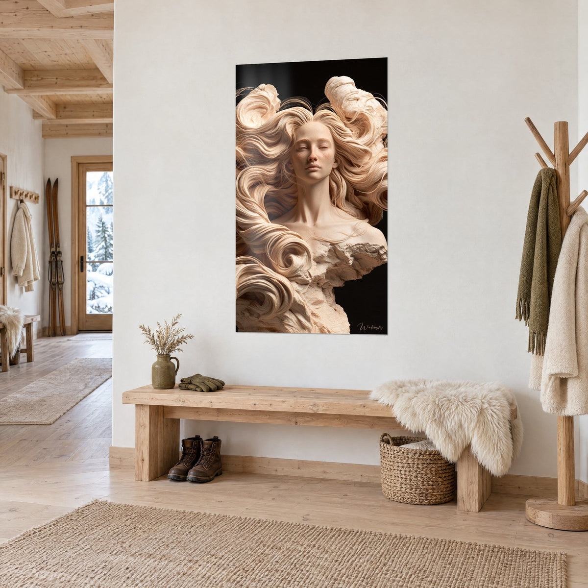 Tableau visage de statue aux taches de rousseur, boucles de pierre sable et ivoire sur noir, entrée de chalet en bois clair