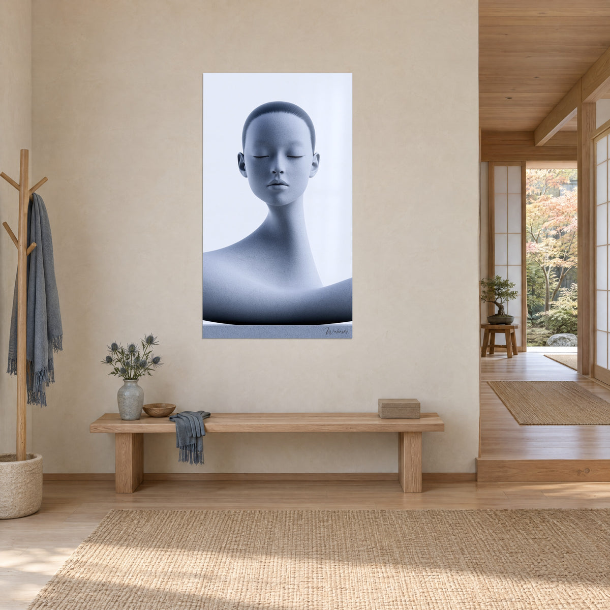 Sculpture au grain minéral gris perle et bleu marine, au-dessus d'un canapé dans un salon lumineux