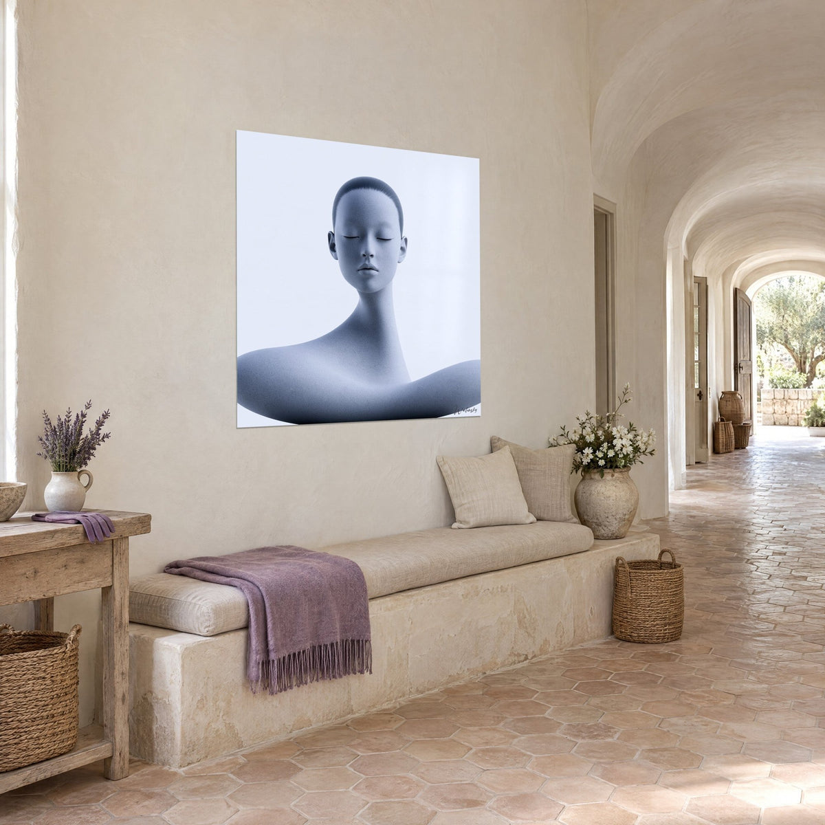 Wall art face of a serene statue, slate blue on a pale lavender background, elongated neck, perspective view down a vaulted farmhouse hallway