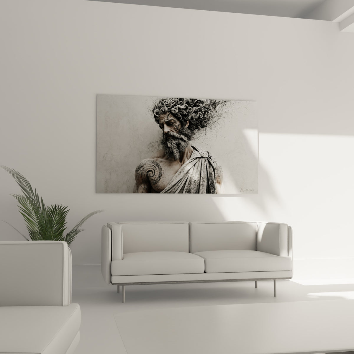 Buste antique blanc et anthracite au tatouage spiralé, disposé au-dessus d'un canapé dans un salon lumineux