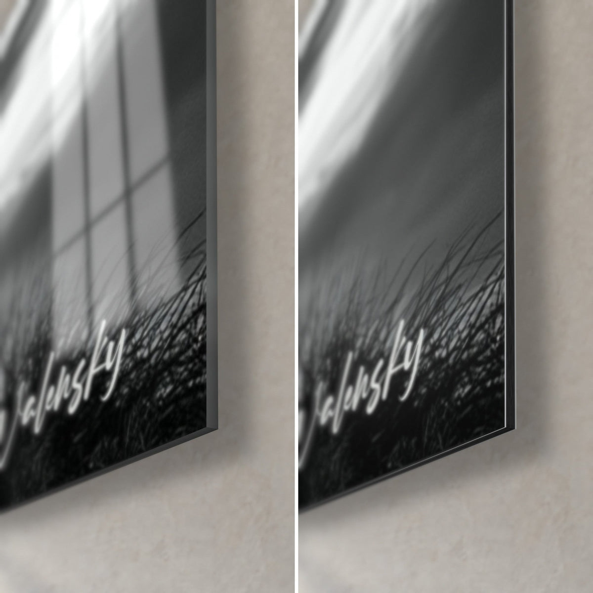 Tableau tronc sculpté en noir et blanc, coin bas droit : verre acrylique brillant aux reflets argentés, Dibond mat gris, tranche de 3 mm