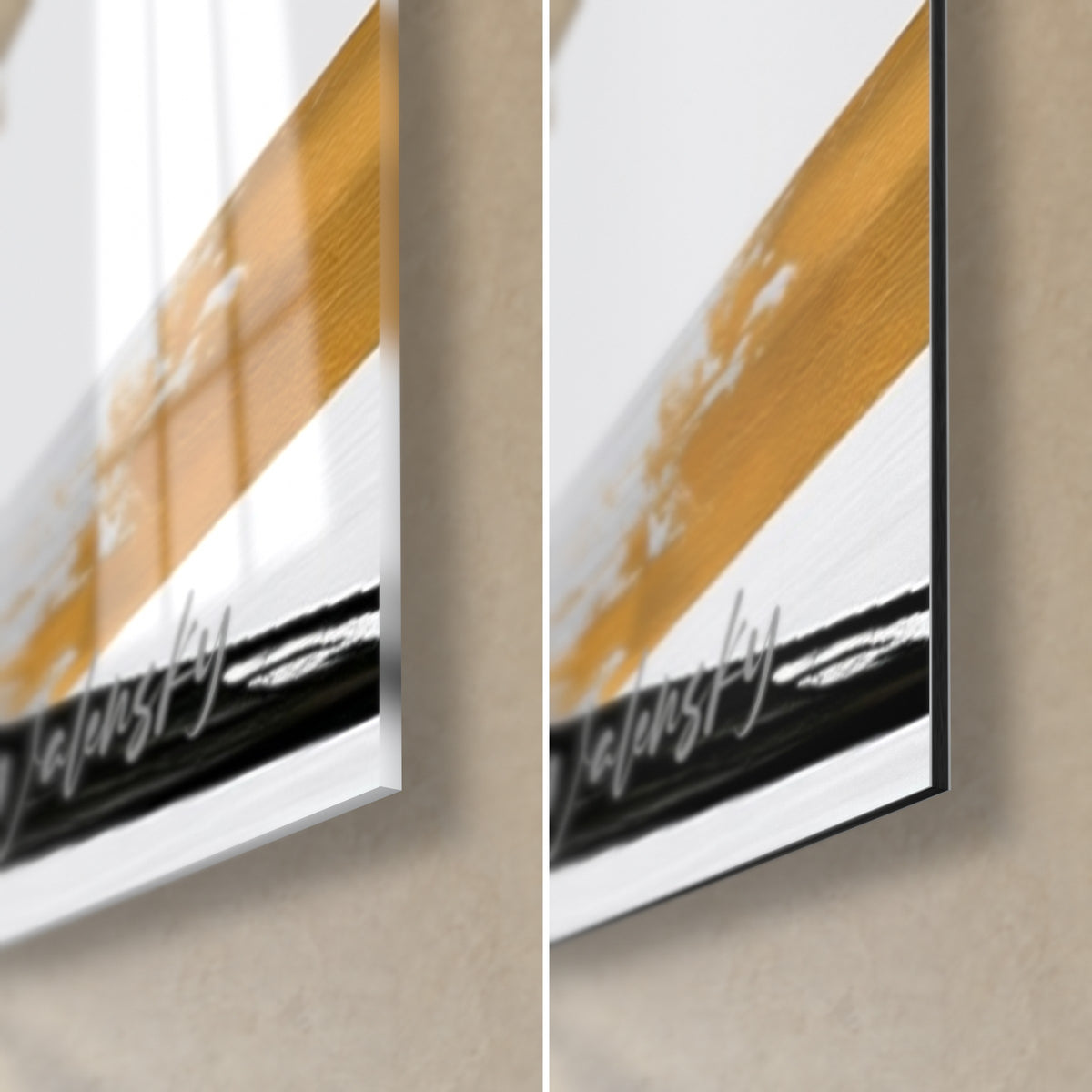 Wall art folded body painted in black and gold, bottom right corner: glossy acrylic glass on the left, matte Dibond aluminium on the right, 3 mm edge