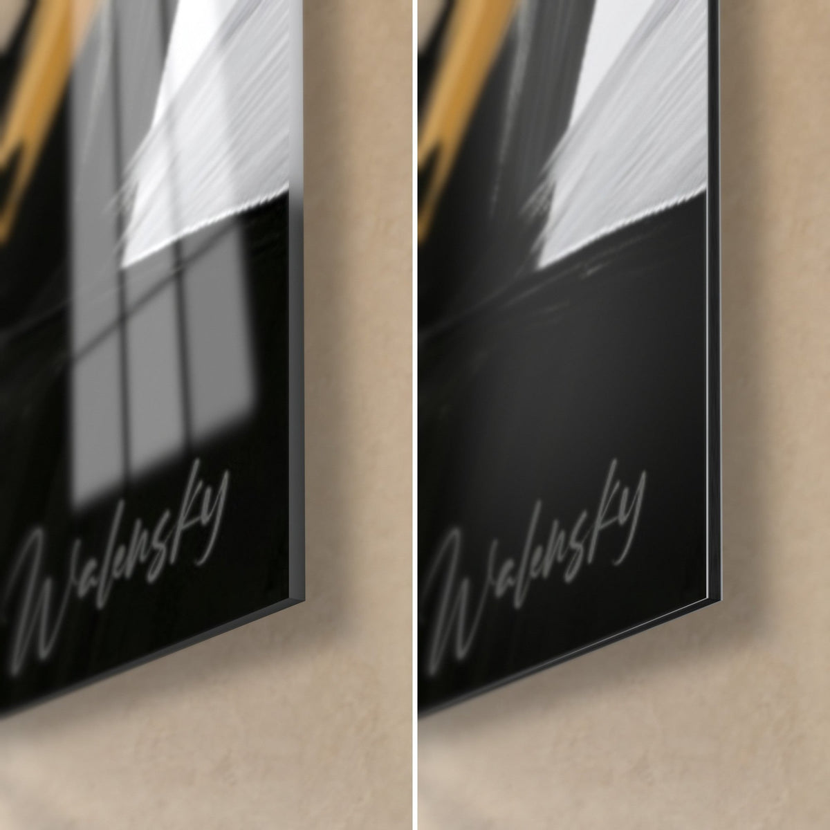 Wall art seated figure in black and gold, bottom right corner: glossy acrylic glass on the left, matte Dibond aluminium on the right, thin 3 mm edge