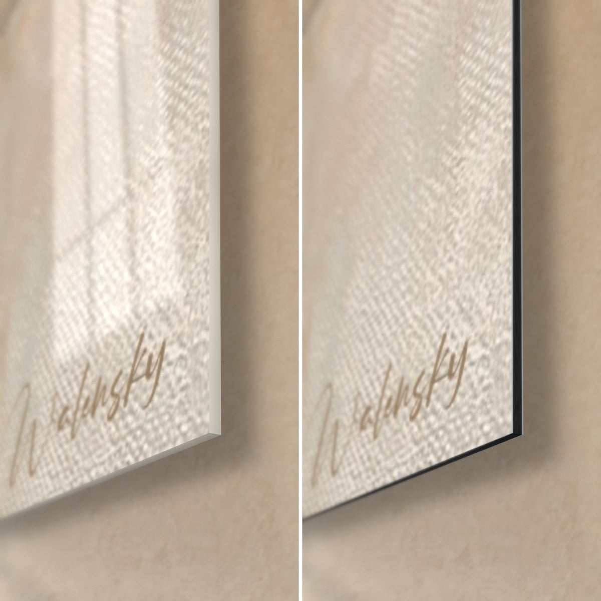 Quadro ritratto cubista, angolo in basso a destra: vetro lucido a sinistra, Dibond opaco a destra, bordo nero di 3 mm, firma beige