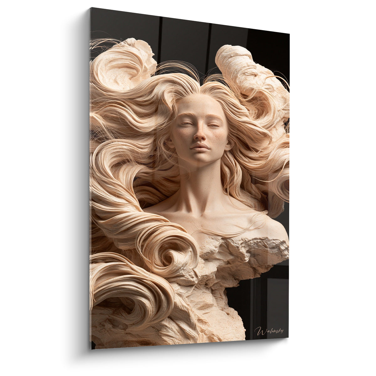 Statue beige aux yeux clos, chevelure sculptée en volutes sur fond anthracite profond