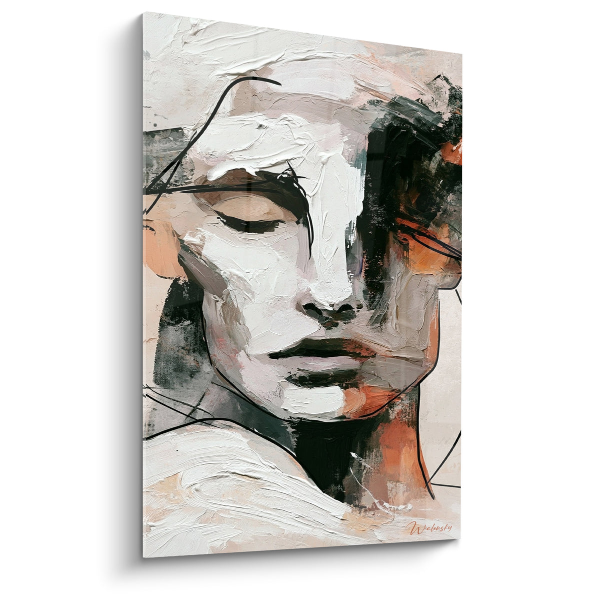 Statue picturale d'un visage blanc et terracotta, yeux clos, traitement au couteau texturé
