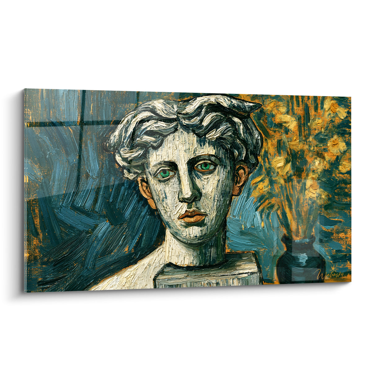 Statue au visage blanc et yeux verts, fond bleu pétrole et fleurs dorées peintes au couteau