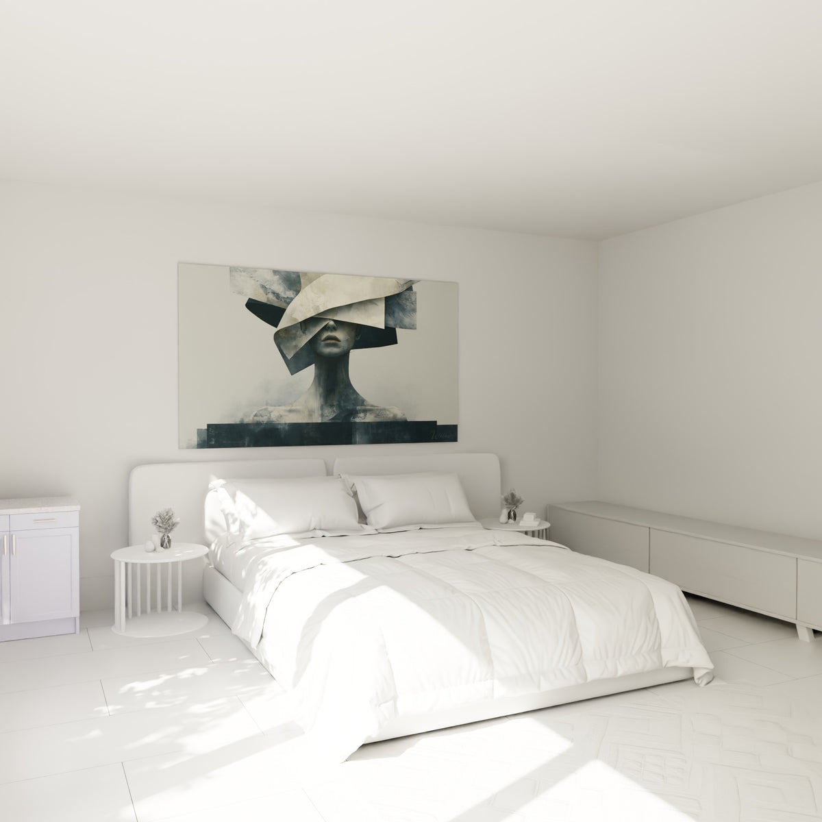 Silhouette énigmatique aux tons beige et noir profond au-dessus d'un lit dans une chambre claire