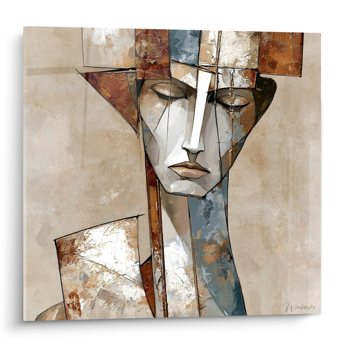 Statue au visage cubiste beige et bleu ardoise, traits fragmentés en plans texturés