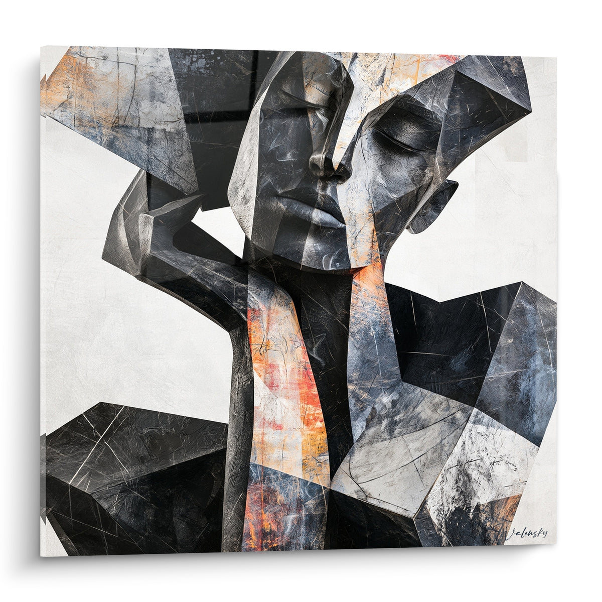 Statue au visage fragmenté anthracite et orangé, texture minérale et facettes géométriques
