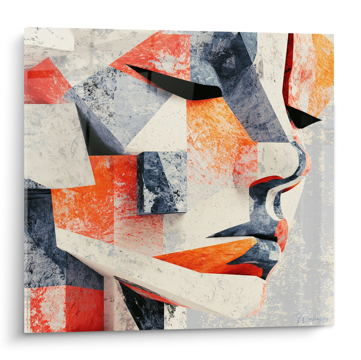 Statue au profil fragmenté en orange fauve et bleu anthracite sur fond crème marbré
