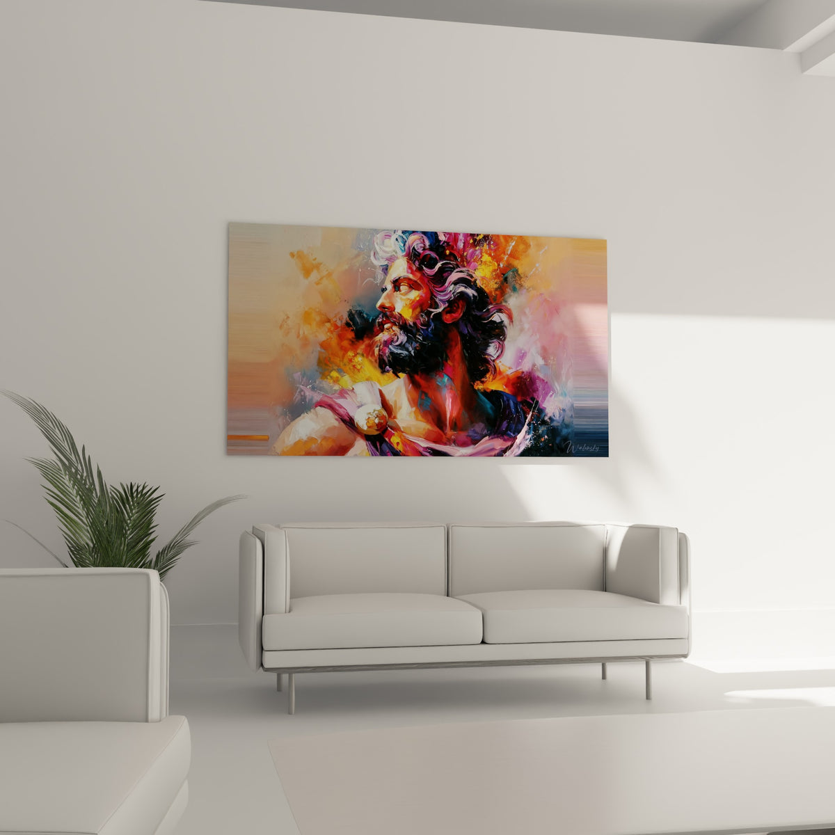 Visage antique aux nuances dorées et fuchsia, tableau statue placé au-dessus d'un canapé dans un salon lumineux