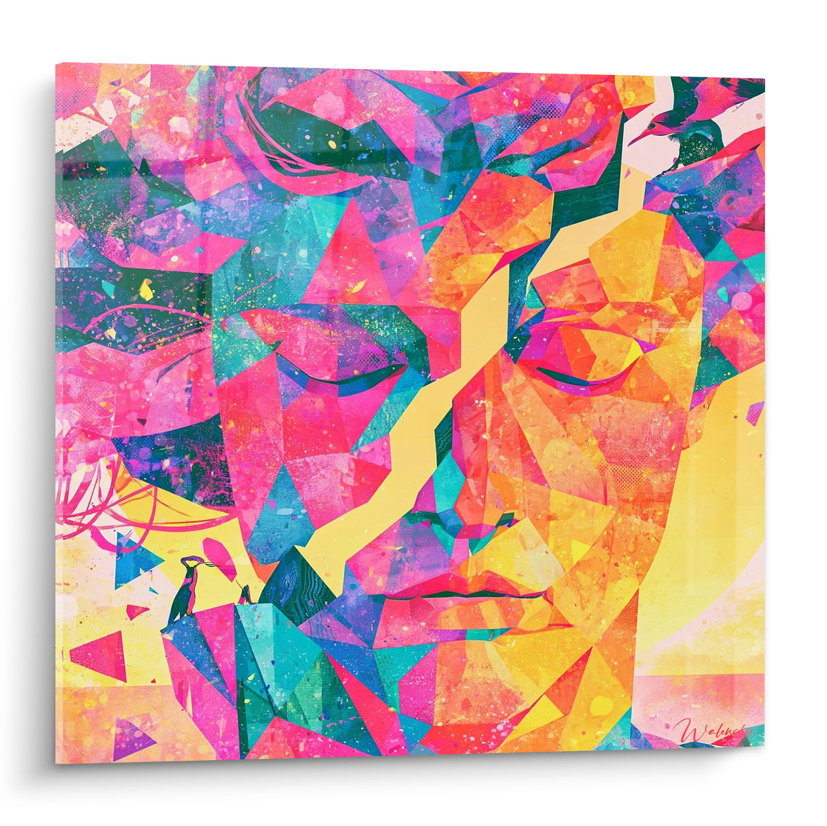 Statue en visage fragmenté rose fuchsia et jaune doré, style vitrail géométrique vibrant