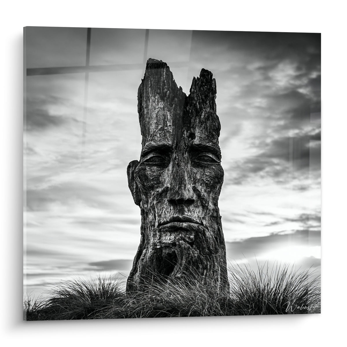 Statue visage sculpté dans un tronc noir et gris, sous un ciel nuageux dramatique