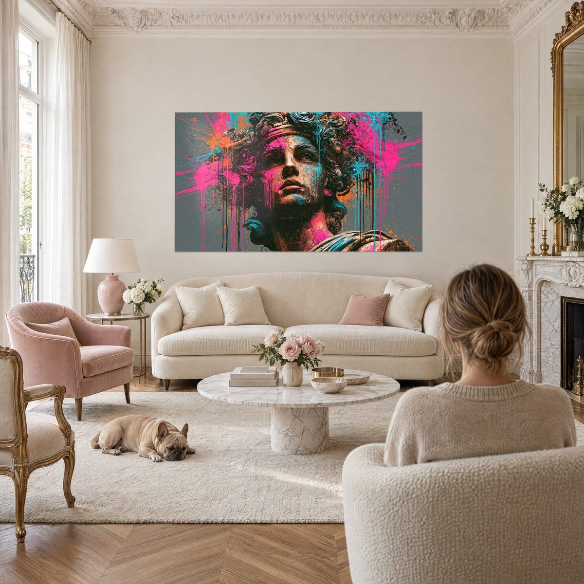 Tableau buste antique couronné éclaboussé de fuchsia et turquoise, fond gris, deux personnes de dos, au-dessus d'un canapé dans un salon lumineux