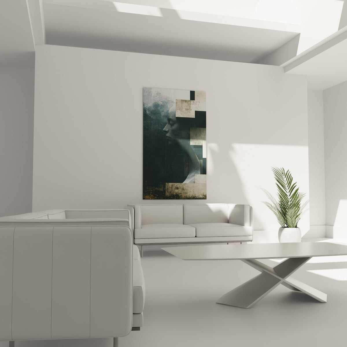 Statue beige et gris texturé, visage sculpté serein, au-dessus d'un canapé dans un salon lumineux