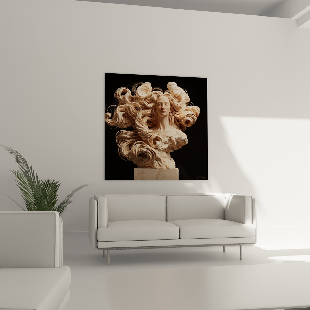 Statue au buste crème et mèches dorées en volutes, au-dessus d'un canapé dans un salon lumineux
