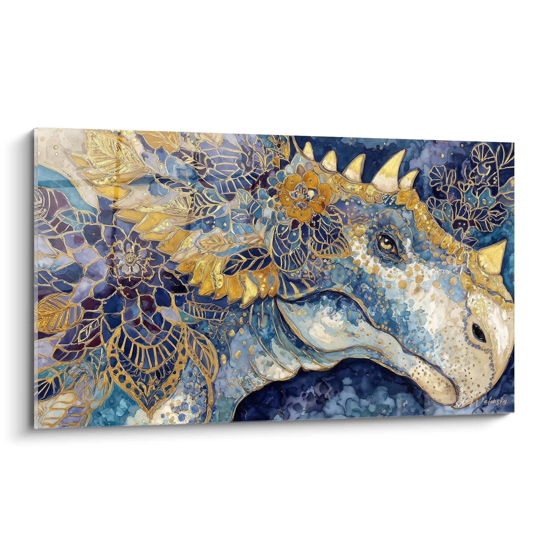 Tableau mural stégosaure doré avec motifs floraux ornementaux art décoratif dinosaure Scutosaurus