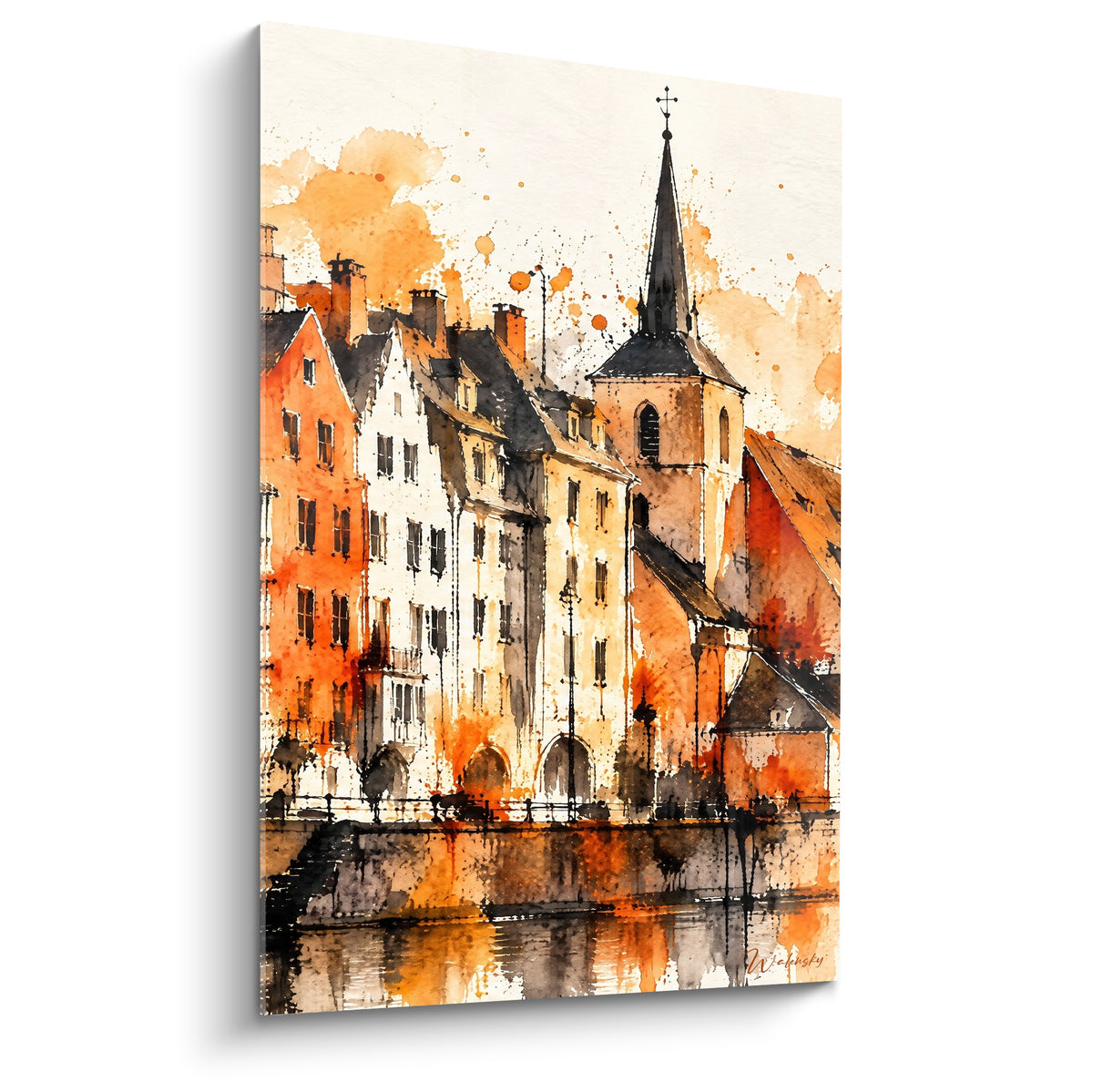 Façades alsaciennes ocre et orange bordant un canal, clocher pointu, aquarelle aux coulures expressives