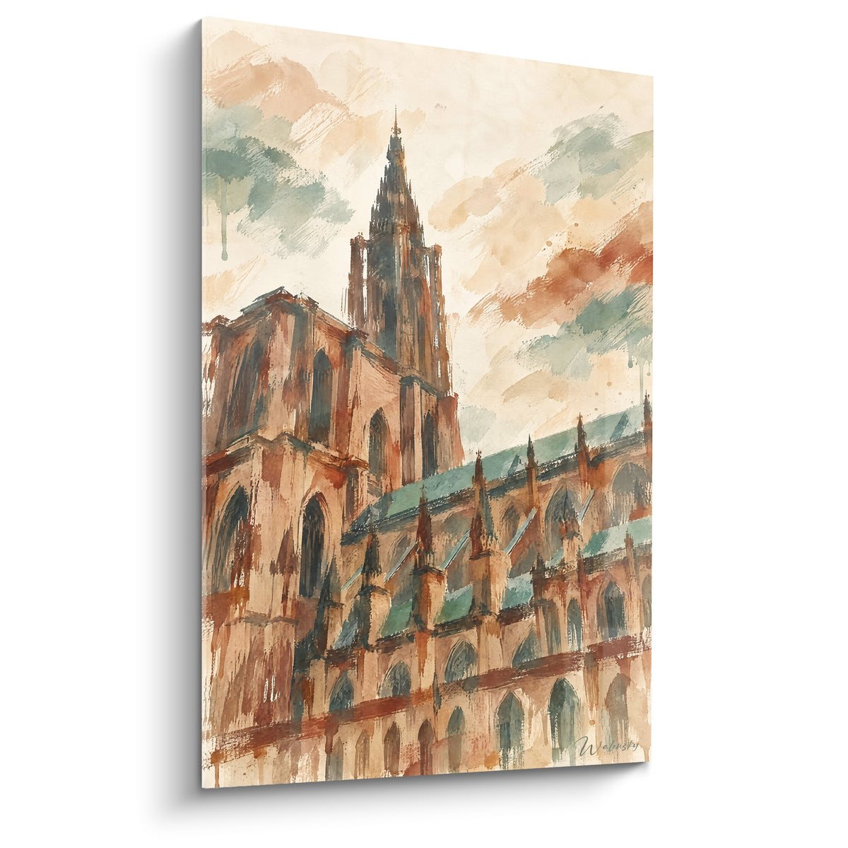 Cathédrale gothique terracotta et vert sauge, flèche élancée peinte à l'aquarelle sur fond beige