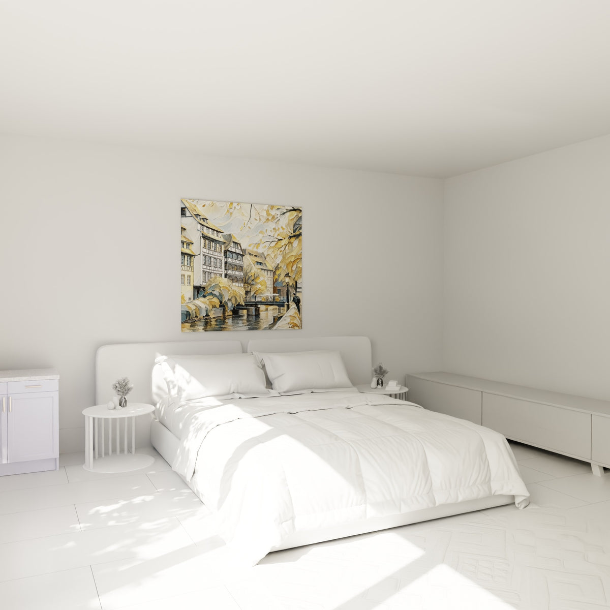 Maisons alsaciennes dorées et anthracite de Strasbourg accrochées au-dessus d'un lit dans une chambre claire