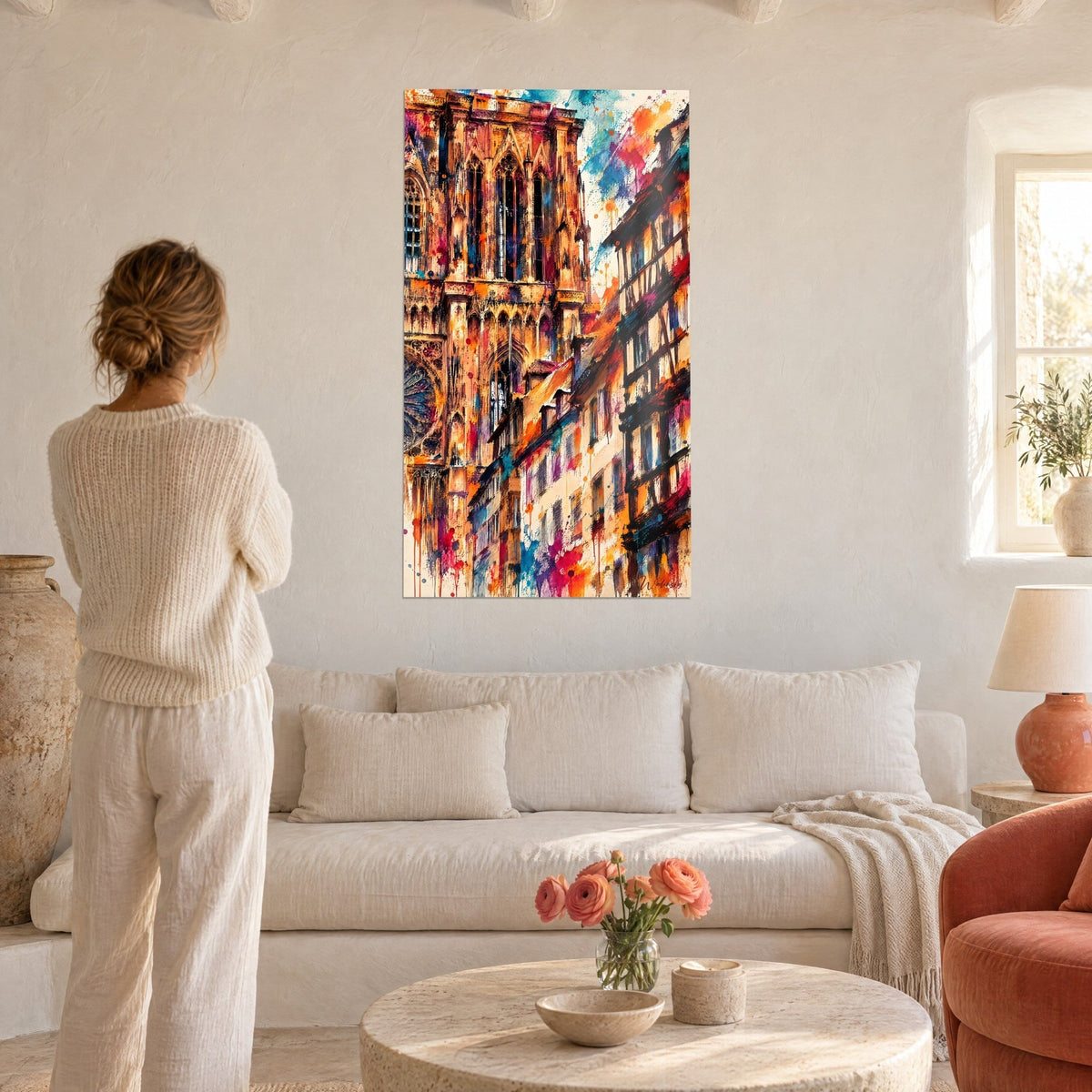 Gemälde Turmspitze einer gotischen Kathedrale in Ocker, mit blauen Spritzern, Rosette links, Frau von hinten, über einem Sofa in einem hellen Wohnzimmer