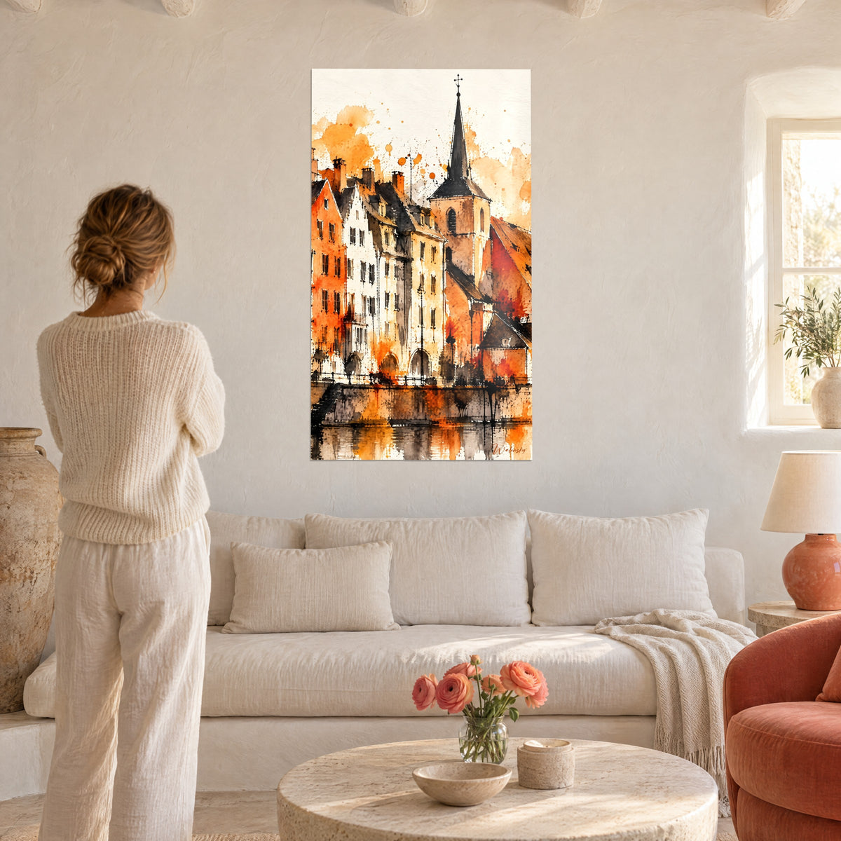 Maisons à colombages terracotta et crème surplombant l'eau, accrochées au-dessus d'un lit dans une chambre claire