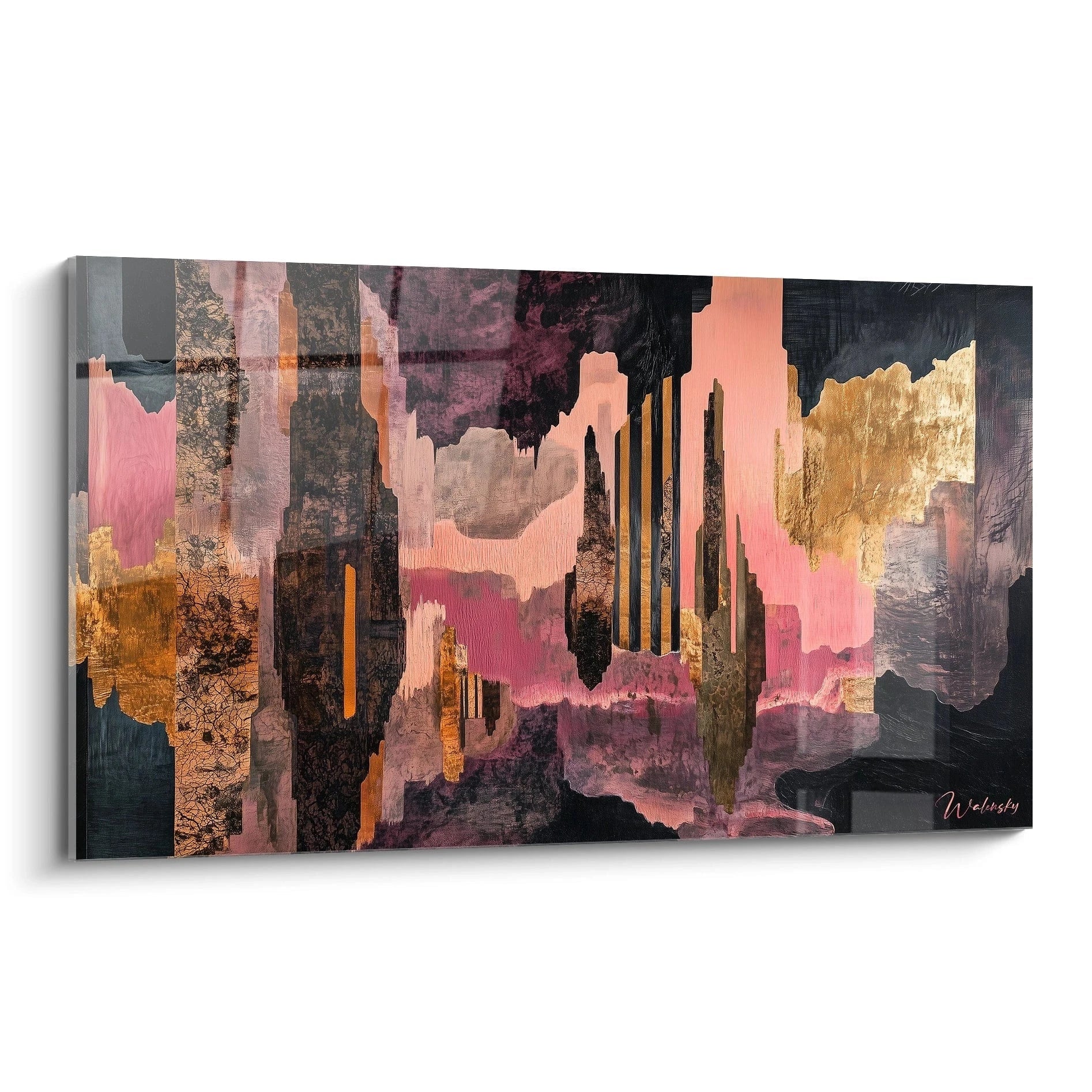 Tableau peinture abstrait de Walensky avec des teintes rose, doré et noir pour décoration moderne