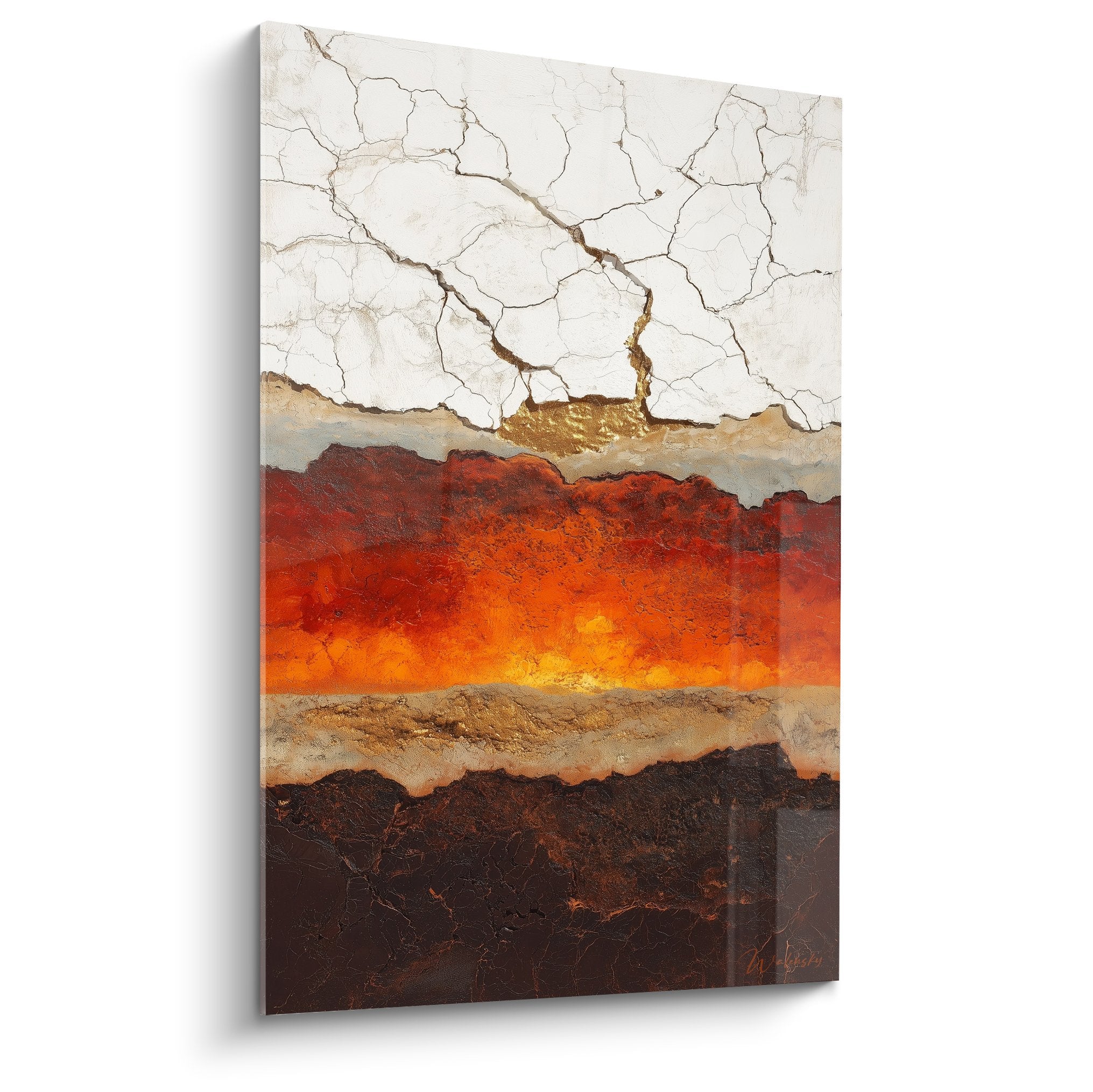 Geological stratification orange ochre white cracked gold feng shui earth center wall art