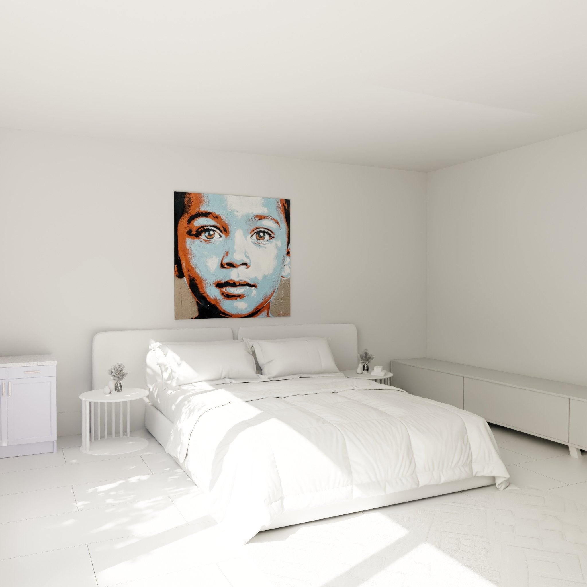 Blue orange street art portrait wall decor modern bedroom white wall urban stencil