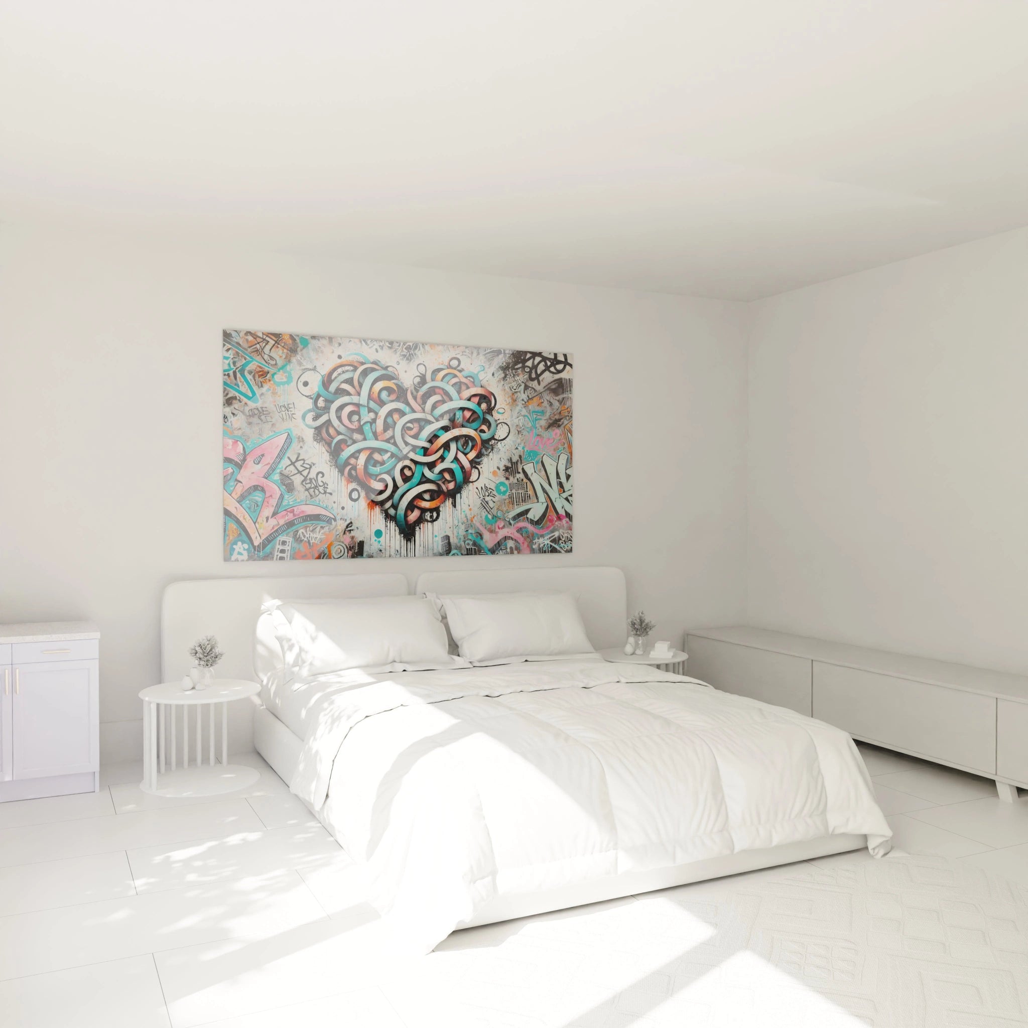 Ajoutez une touche urbaine à votre chambre avec ce tableau street art au-dessus du lit. Un mélange vibrant de couleurs et d'énergie qui transforme votre espace en galerie moderne.
