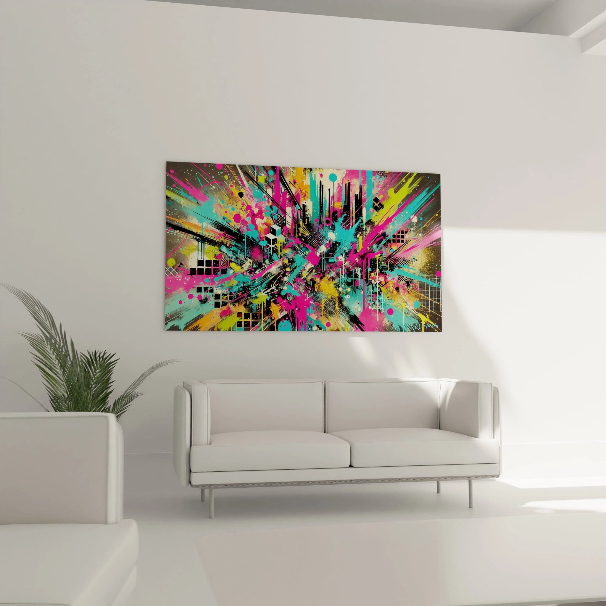 Tableau street art place au-dessus d’un canape dans un salon. Il transforme l’espace avec ses couleurs vives et son style graffiti, creant un point focal captivant et expressif.