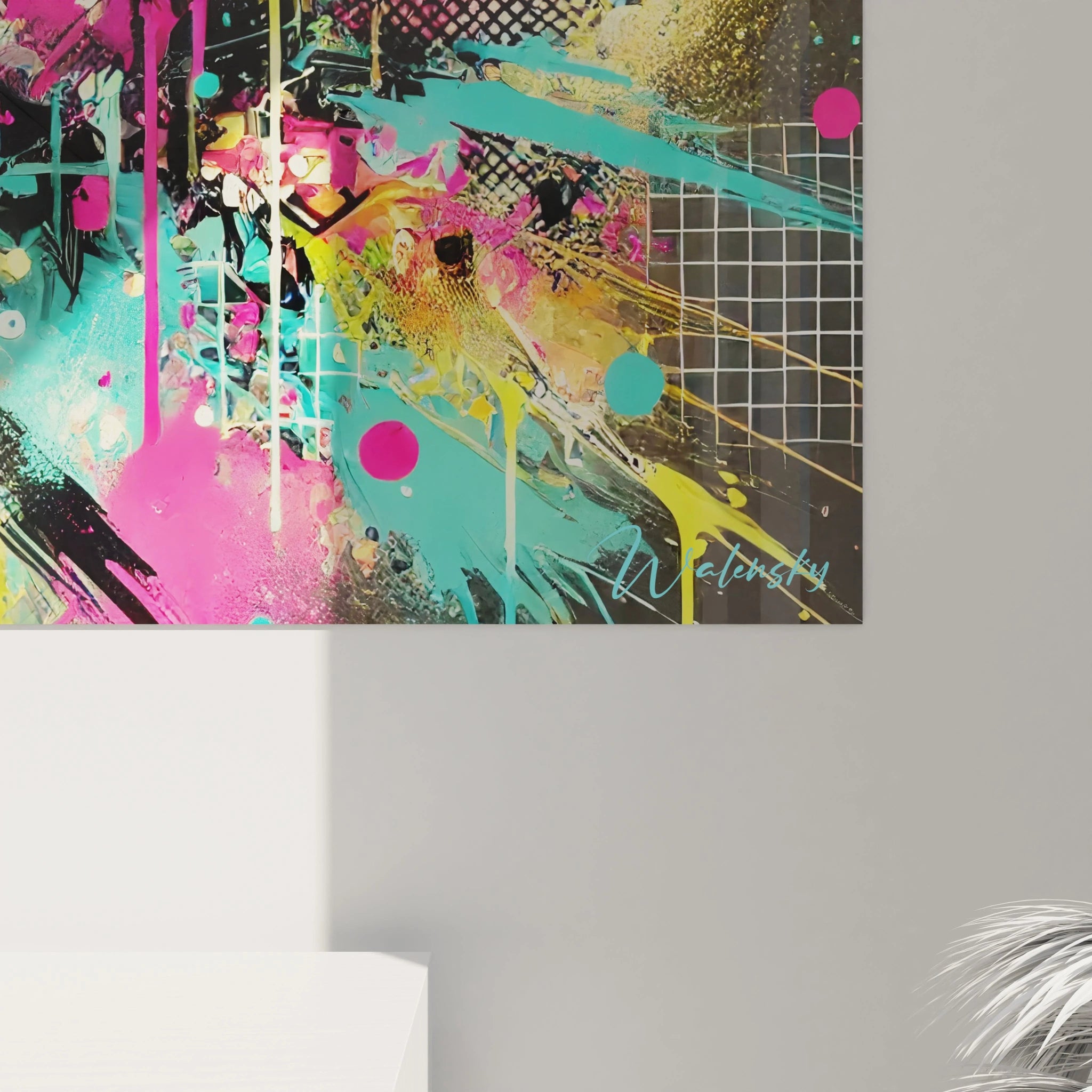 Gros plan sur un tableau street art. Detail vibrant des couleurs neon et textures brutes, refletant la spontaneite et l’effervescence de l’art urbain dans toute sa splendeur.