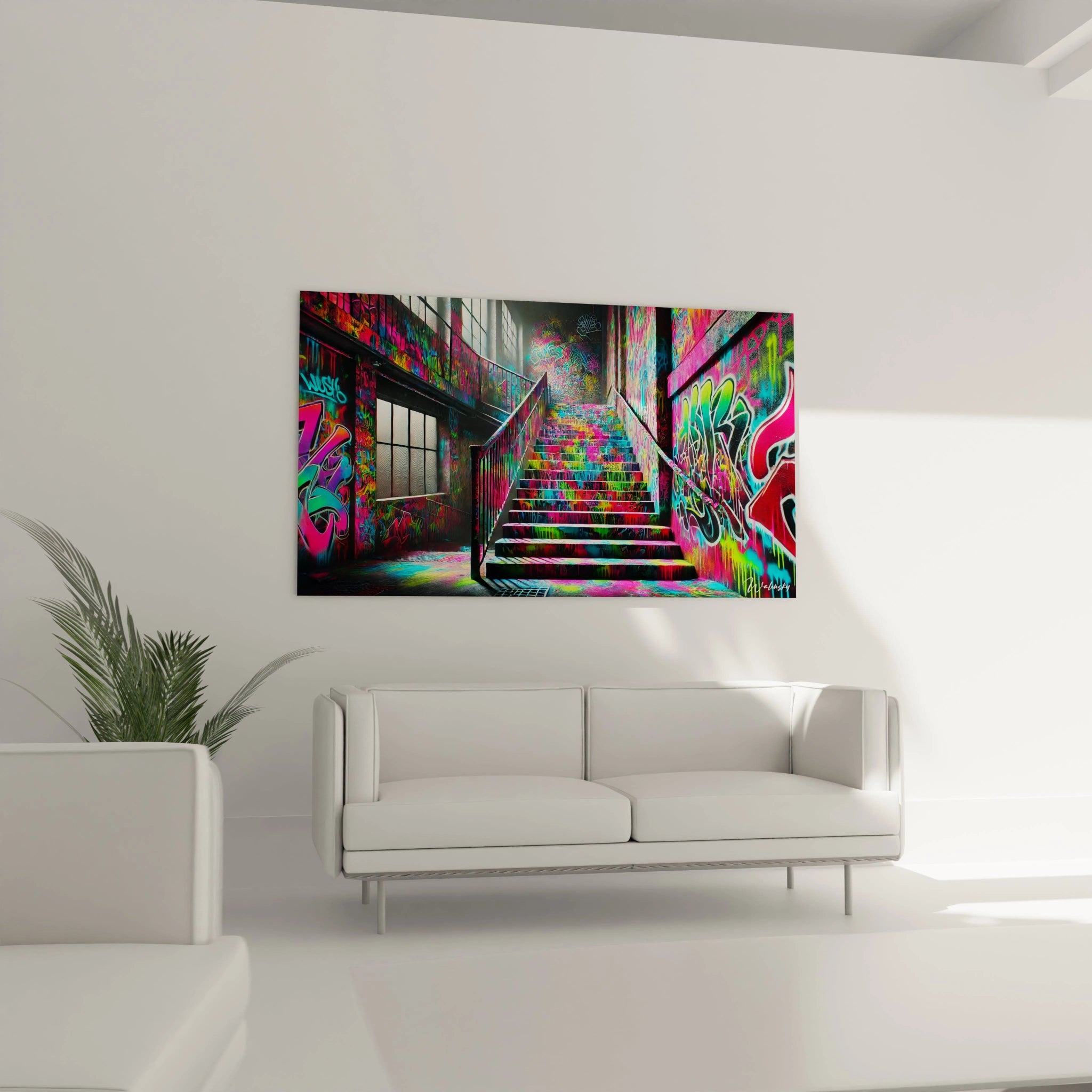 Sublimez votre salon avec ce tableau street art accroche au dessus du canape. Une explosion de couleurs et d'inspiration urbaine.