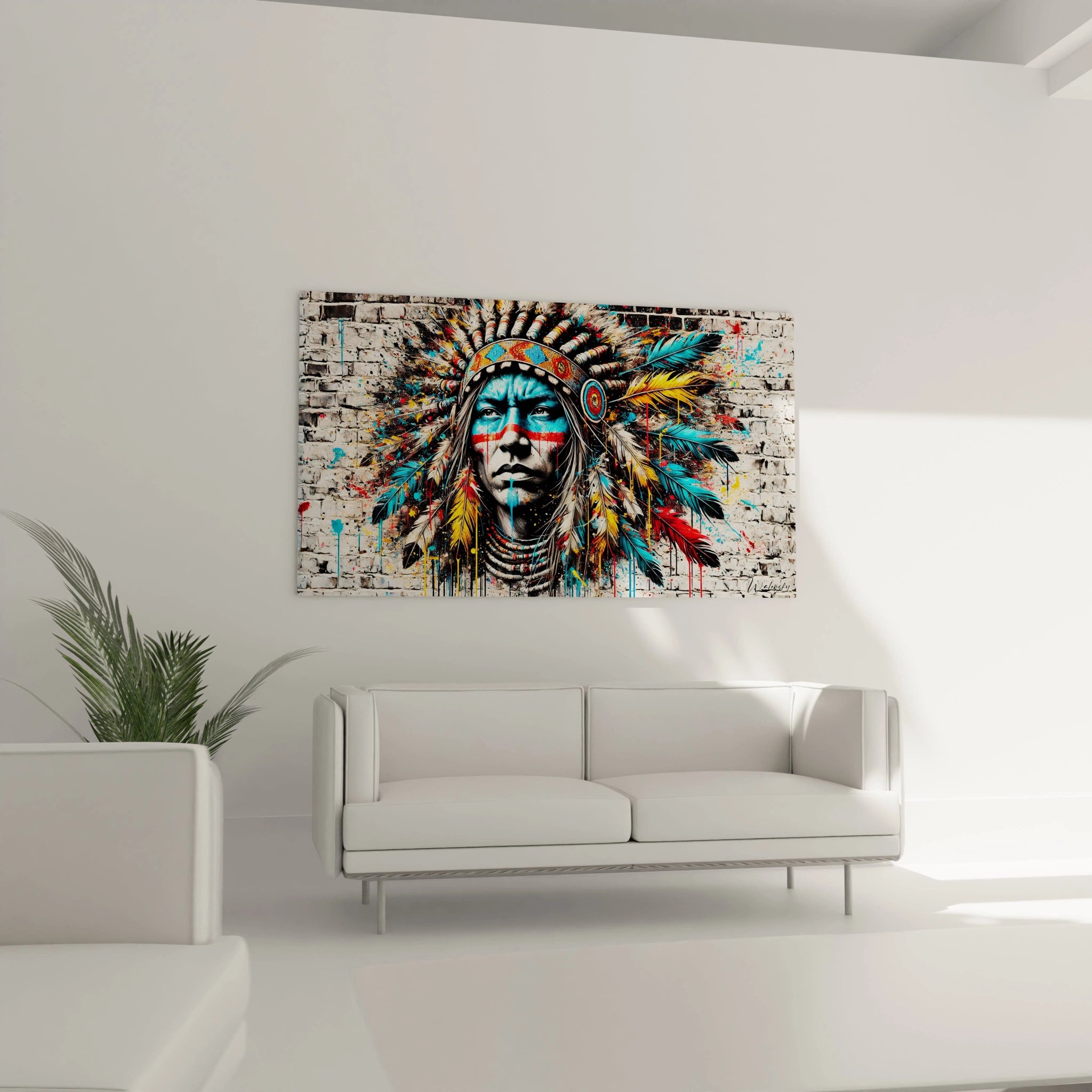 Place au-dessus d'un canape, ce tableau street art devient le centre d'attention de votre salon. Ses couleurs vives et son style urbain apportent caractere et vitalite a votre decor.