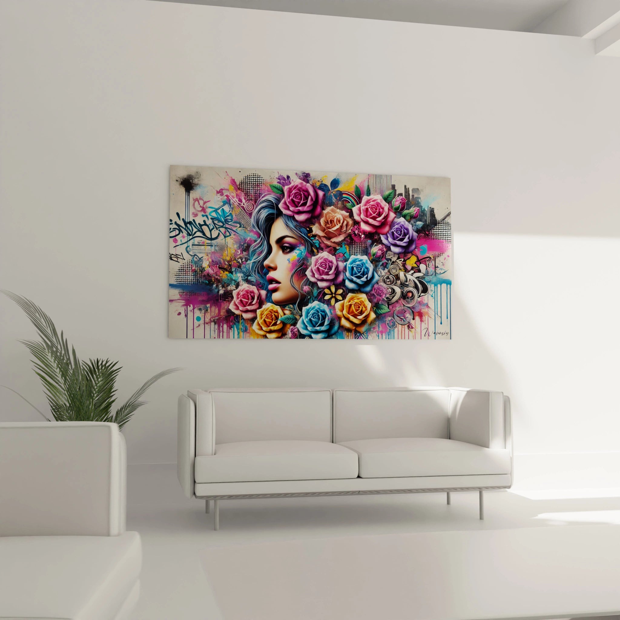 Place au-dessus du canape dans votre salon, ce tableau street art capte l'attention avec son style urbain et ses nuances florales captivantes.