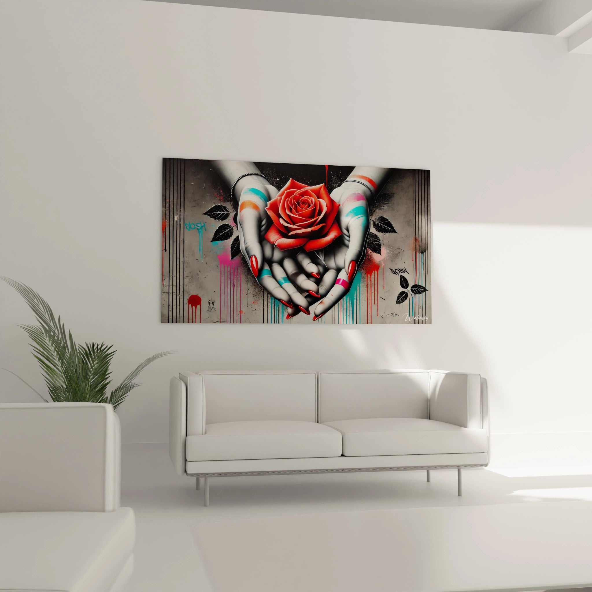 Ce tableau street art suspendu au-dessus du canapé transforme le salon en un espace moderne et énergique. La rose rouge et les éclaboussures urbaines créent un point focal puissant.