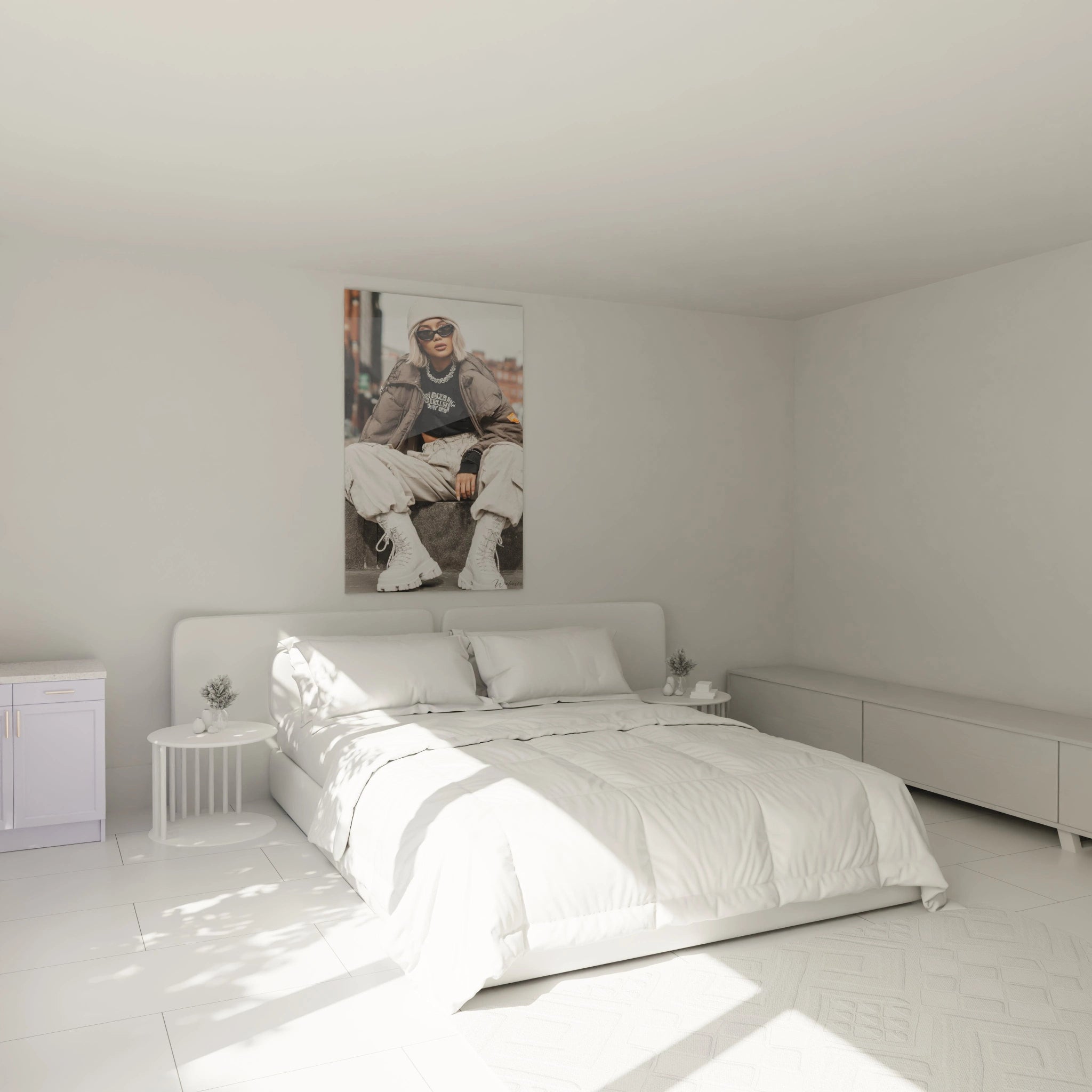 Tableau mural streetwear femme de Walensky dans une chambre lumineuse et moderne