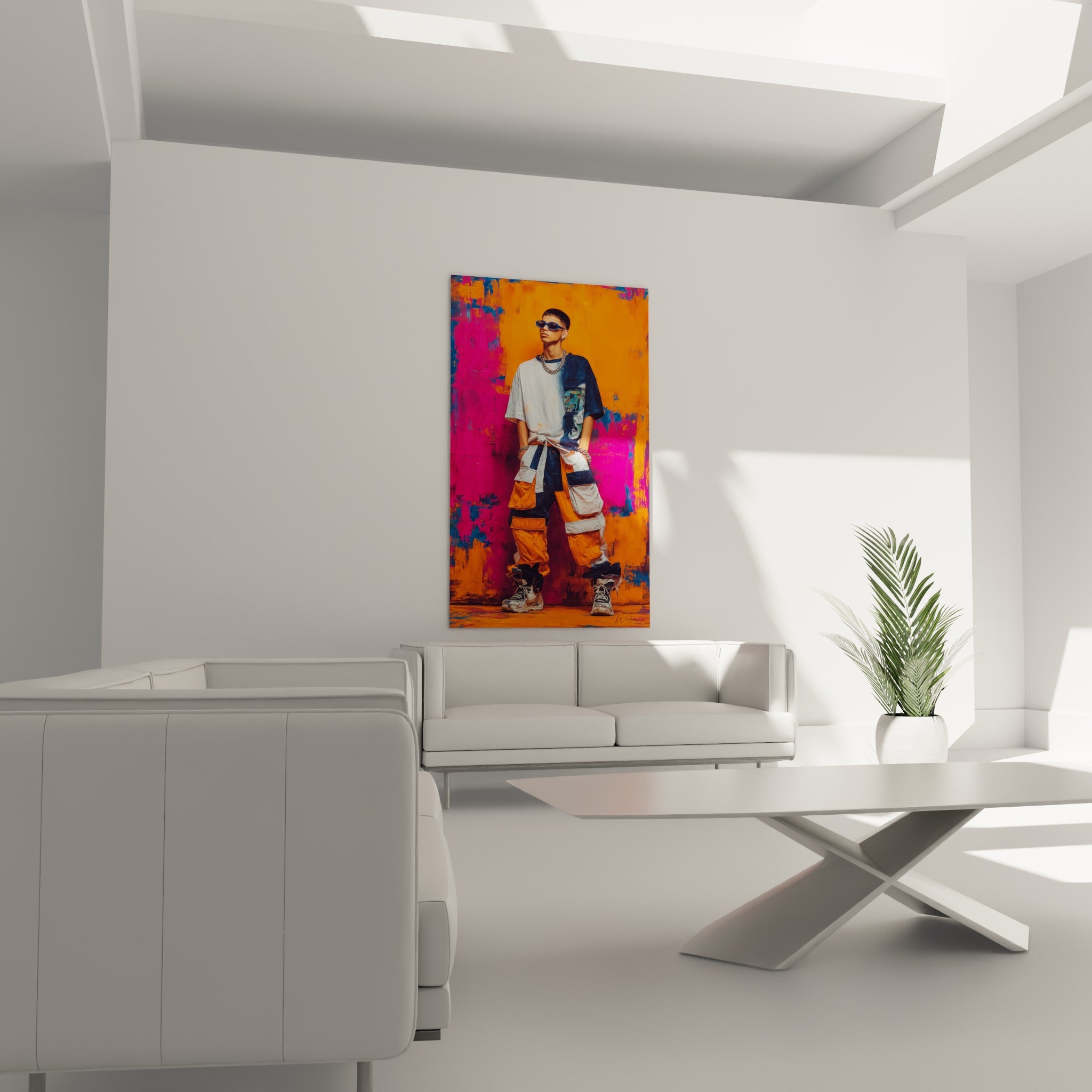 Portrait urbain aux teintes orange et rose fuchsia disposé au-dessus d'un canapé dans un salon lumineux