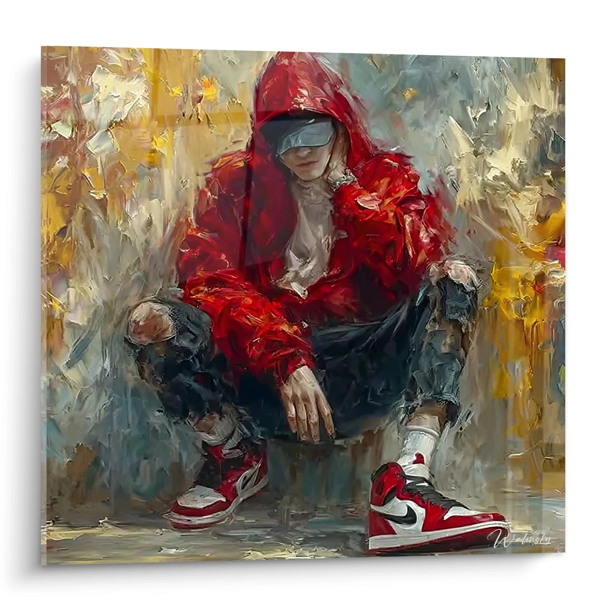 Tableau mural streetwear moderne illustrant un jeune homme en tenue décontractée avec une veste rouge