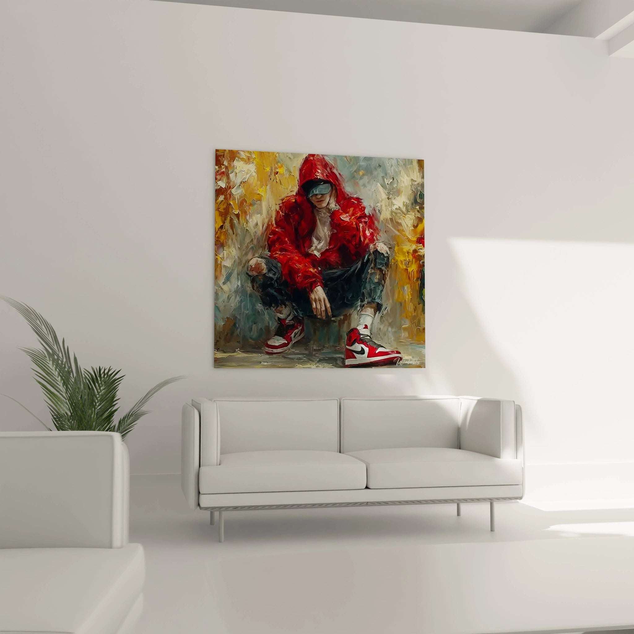 Tableau streetwear moderne de Walensky avec un jeune homme en sweat rouge sur un mur décoratif