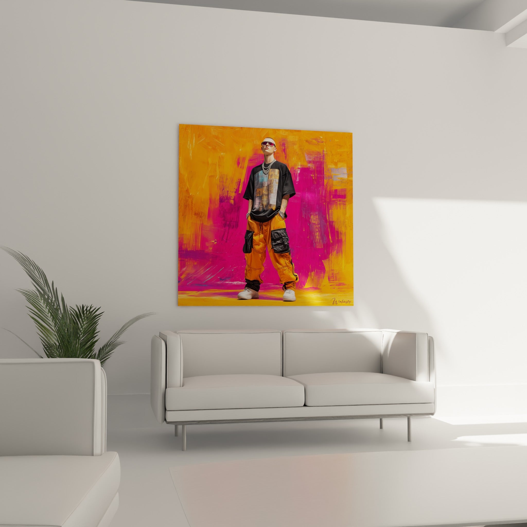 Portrait masculin sur fond abstrait orange et rose, au-dessus d'un canapé dans un salon lumineux